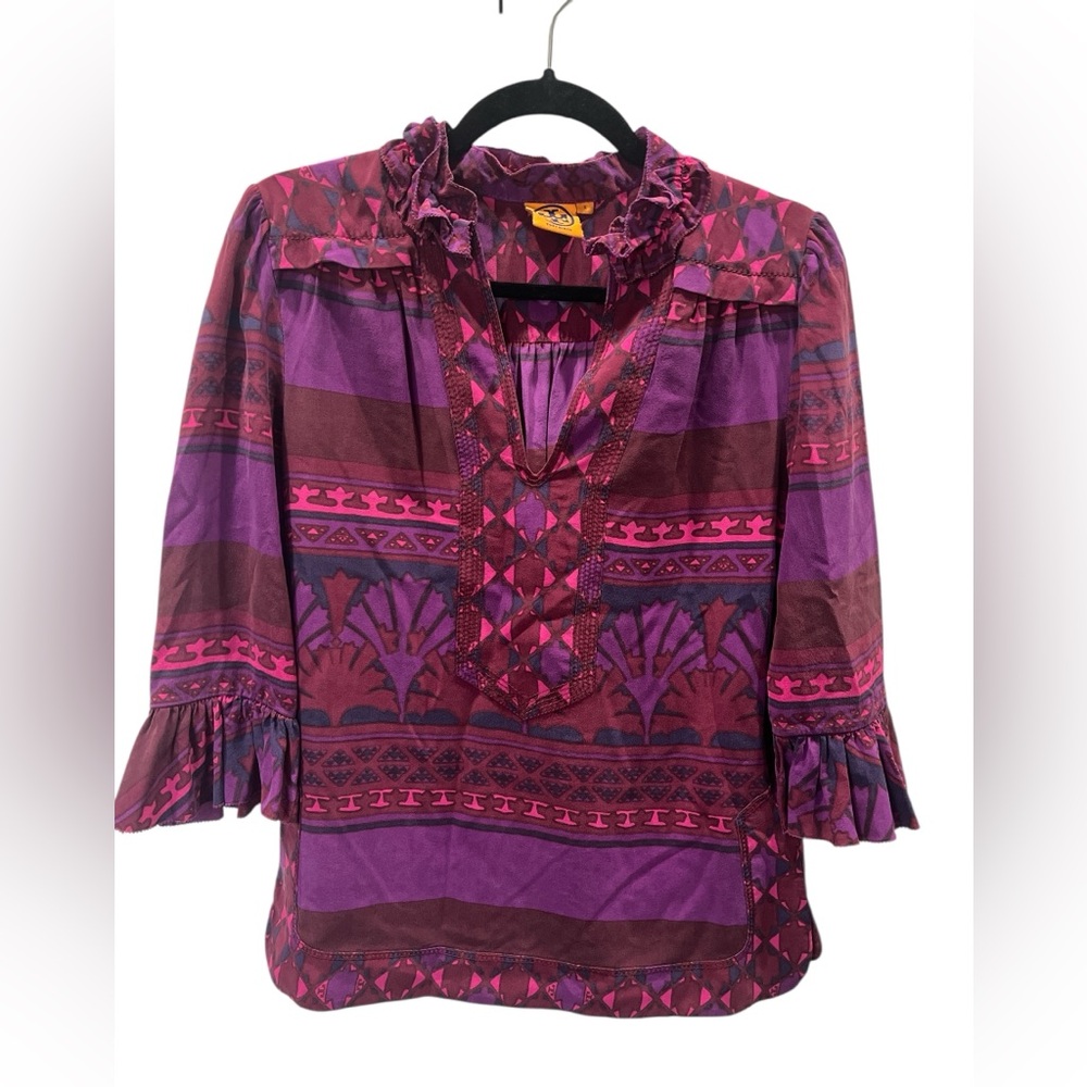 Tory Burch Silk  Purple and Pink Geometric Print Women's Top Size 2